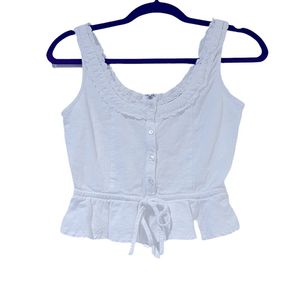 Lulus White Button Front Ruffle Hem Lace Trim Sleeveless Crop Top Small - Picture 2 of 9